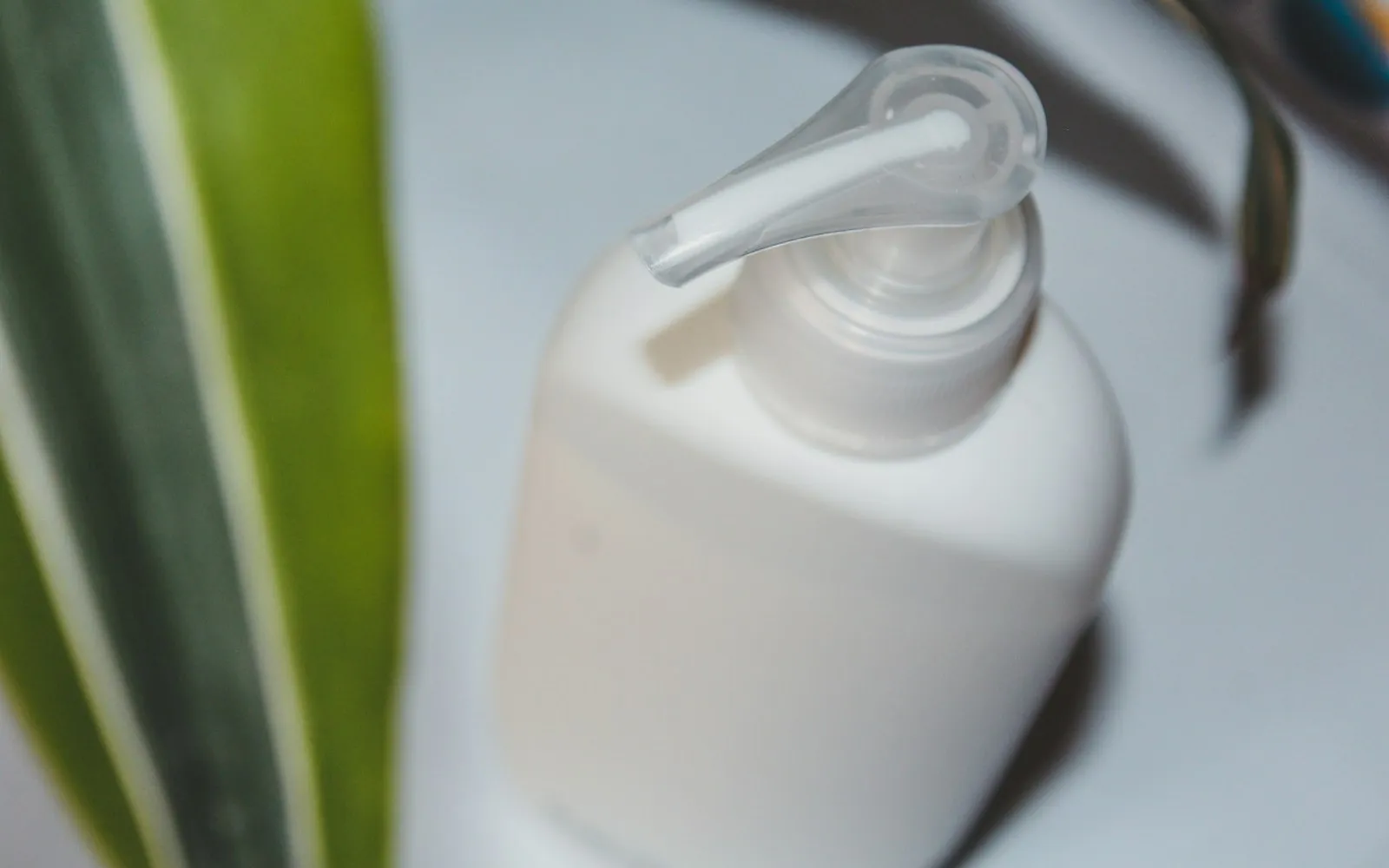 Biała plastikowa butelka bez etykiety, z pompką, stoi obok zielonego liścia rośliny doniczkowej
