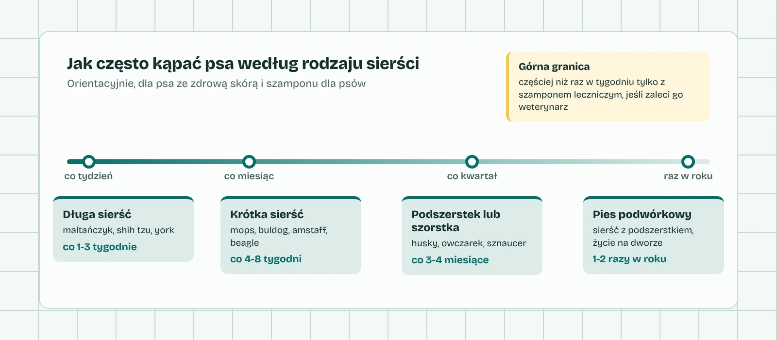 Oś od kąpieli co tydzień do kąpieli raz w roku z zaznaczonymi typami sierści: długa sierść co 1-3 tygodnie, krótka co 4-8 tygodni, podszerstek i sierść szorstka co 3-4 miesiące, psy podwórkowe 1-2 razy w roku